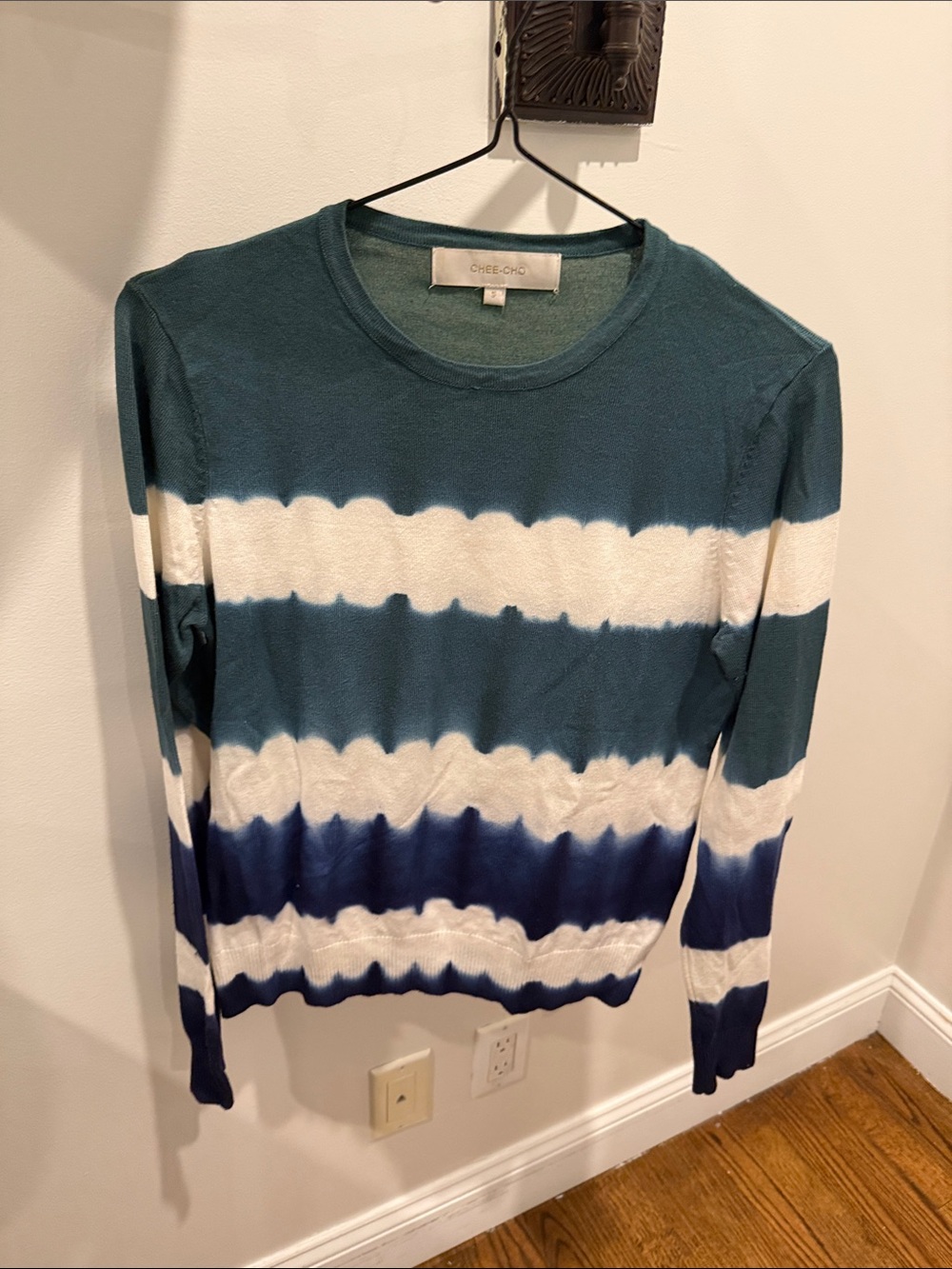 Chee-Cho Striped Tie-Dye Knit Sweater in Teal, White & Navy